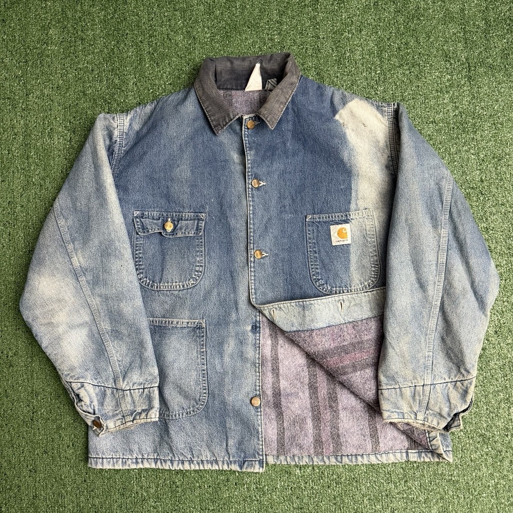 Vintage 1986 Carhartt Blanket-Lined Faded Denim Distressed Chore Coat 8LC 46